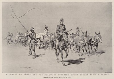 Een konvooi van voorraden voor Buluwayo vertrekt onder escorte vanuit Mafeking door Charles Edwin Fripp